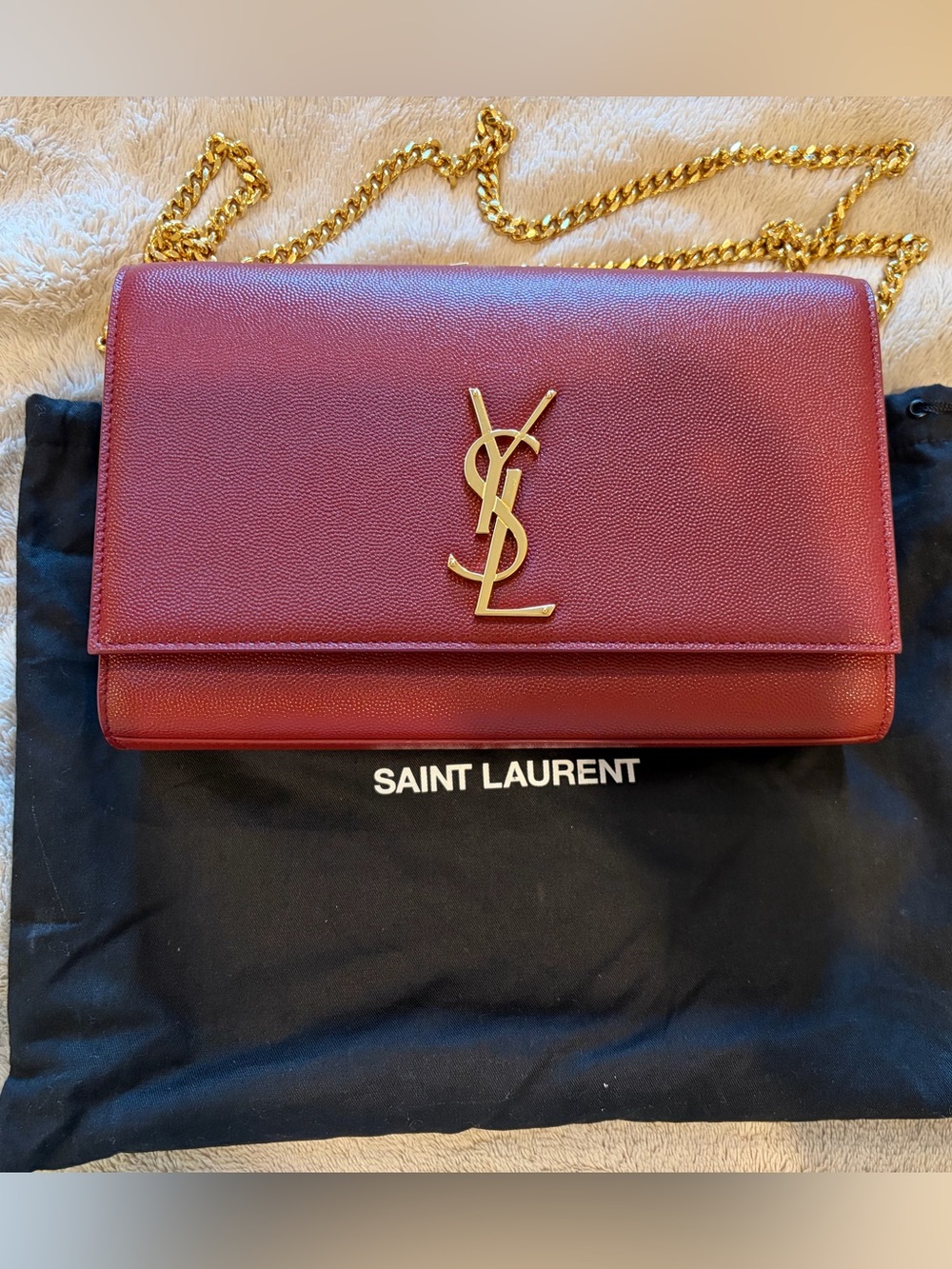 Saint Laurent Burgundy Leather Crossbody with Gold YSL Chain